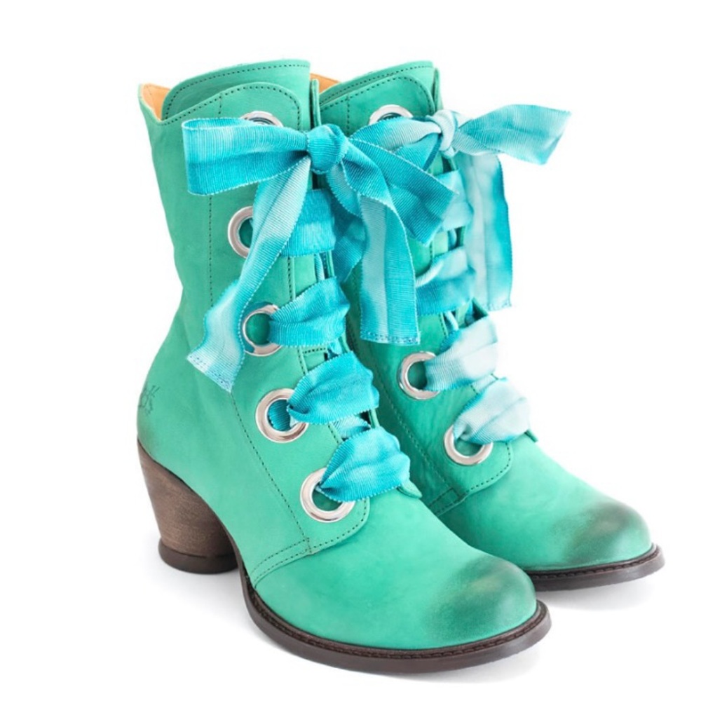 John Fluevog Turquoise Ankle Boots with Ombre Laces